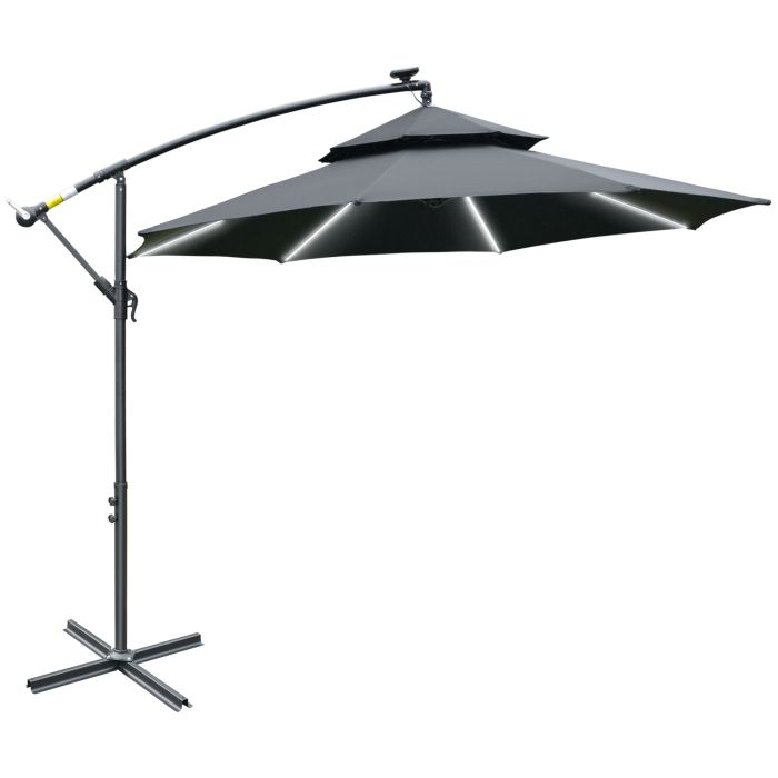 3M Cantilever Banana Parasol Hanging Umbrella with Double Roof, LED Solar lights, Crank, 8 Sturdy Ribs and Cross Base, Black
