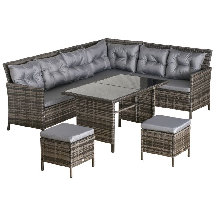 6 PC Garden Rattan Corner Dining Sofa Set 7-seater Outdoor Wicker Conservatory Furniture Lawn Patio Coffee Table Foot Stool w/ Cushion - Grey