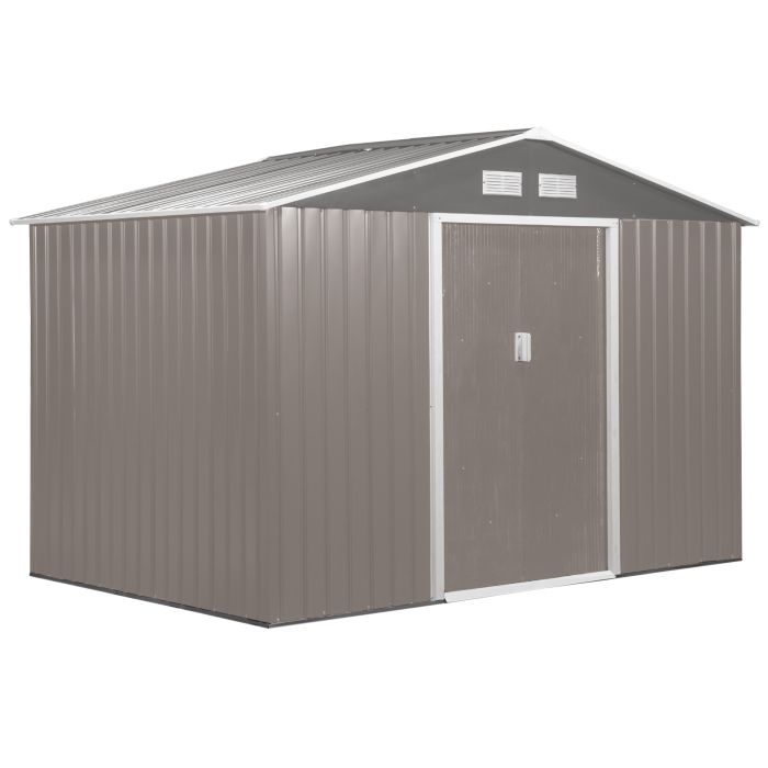 9 x 6 ft Metal Garden Storage Shed Sloped Roof Tool House with Foundation Ventilation & Double Door, Grey