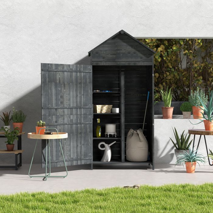 Garden Shed 4-Tier Wooden Garden Outdoor Shed 3 Shelves Utility Gardener Cabinet Lockable 2 Doors - Grey