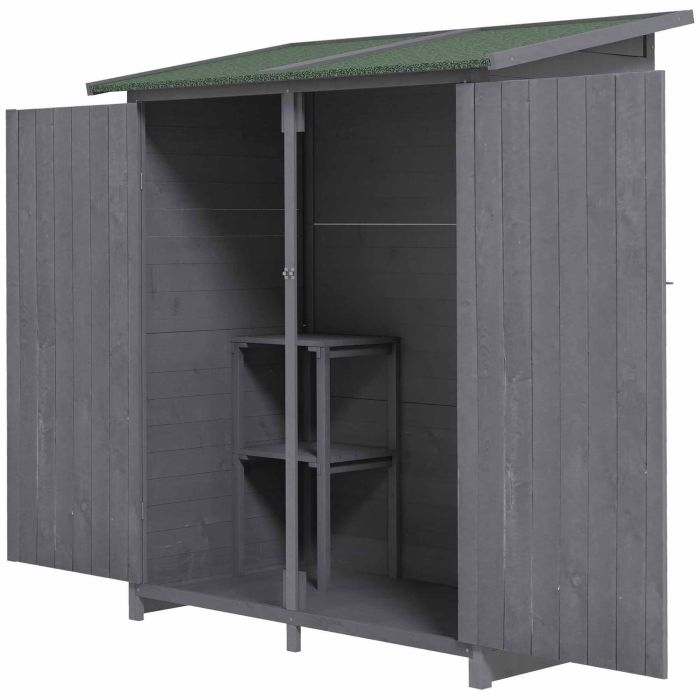 Wooden Garden Storage Shed Lockable Tool Cabinet Organizer w/ Storage Table, Double Door, 139 x 75 x 160 cm, Grey