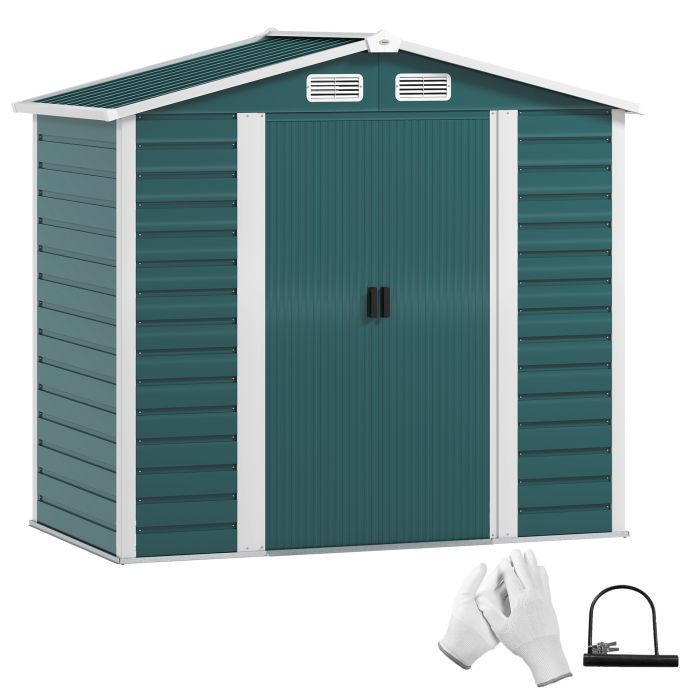 SUNVISTA 7x4ft Garden Storage Shed, Galvanised Steel, Double Doors with Lock, Foundation Kit & Vents, Green