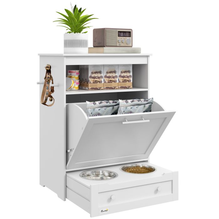 Pet Feeder Station Storage Cabinet, Dog Food Storage Container with Dog Raised Bowls and Hanger for Feeding & Watering Supplies, White