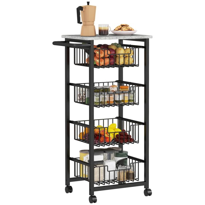 HERON Four Basket Mobile Kitchen Island, with Brakes - Grey/Black