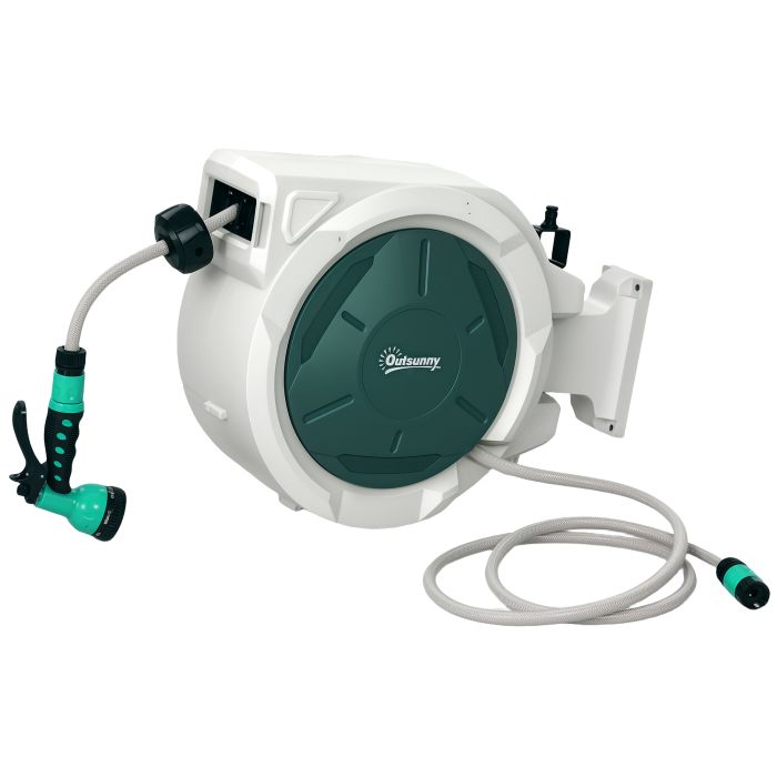 SUNVISTA Retractable Hose Reel Wall Mounted, 30+2m Garden Hose Pipe Reel with Lock, Auto Rewind, 7 in 1 Spray Nozzle, Includes Wall Fixings, Grey