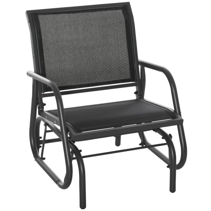 Outdoor Gliding Swing Chair Garden Seat w/ Mesh Seat Curved Back Steel Frame Armrests Comfortable Lounge Furniture Dark Grey Black