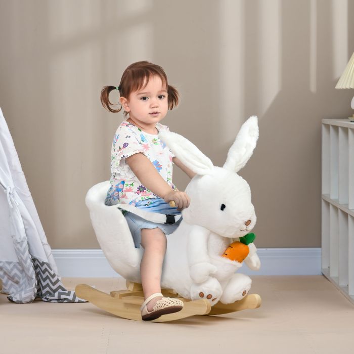 Kids Rocking Horse, Plush Rocking Chair Rabbit Shape w/ Safety Harness, Realistic Sound, Foot Pedals, for Toddler Aged 18-36 Months, White