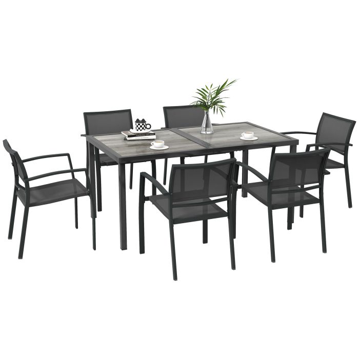 7 Pieces Garden Dining Set, Stackable Chairs, Outdoor Patio Dining Set, 6 Seater Outdoor Table and Chairs with Breathable Mesh Seat, Back, Plastic Top for Poolside, Space-Saving, Grey