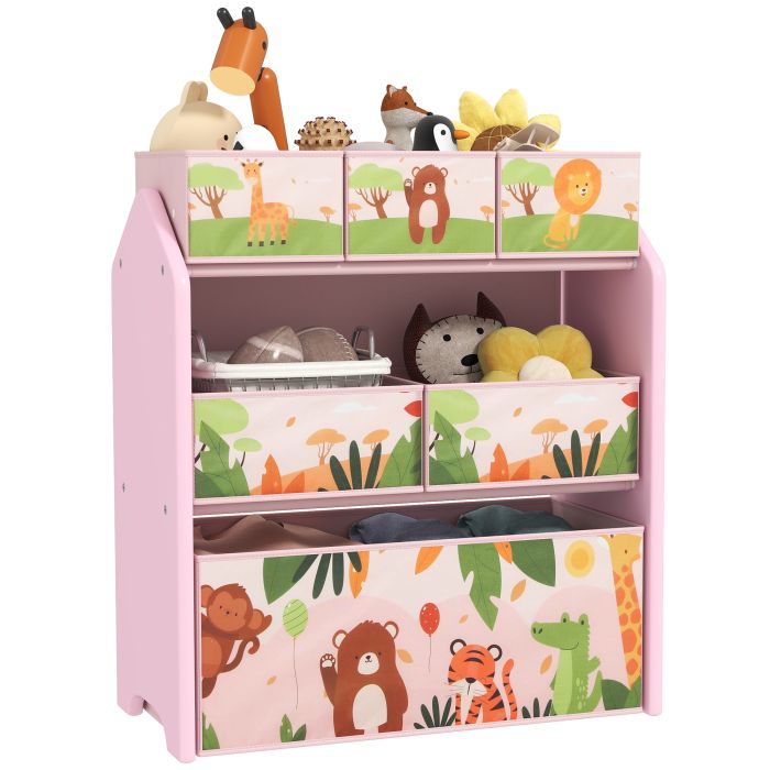 AIVAGO 3-Tier Kids Toy Storage Unit with 6 Removable Storage Boxes, for Playroom, Bedroom, Children's Room, Nursery, Pink