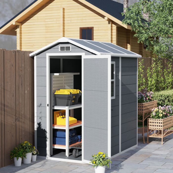 SUNVISTA 4 x 6ft Garden Shed, Plastic Shed with Floor, Window, Lockable Door and Vents, Grey