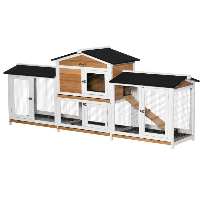 2 Tier Wooden Rabbit Hutch, Guinea Pig Cage, Bunny Run, Small Animal House with Double Side Run Boxes, Slide-out Tray, Ramp, 230 x 53 x 93.5cm