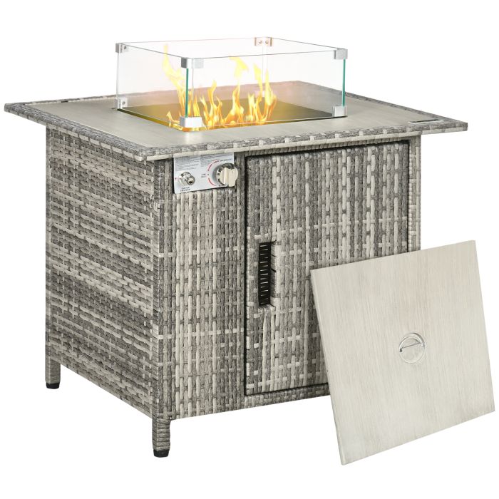 Outdoor PE Rattan Gas Fire Pit Table, Patio Square Propane Heater with Rain Cover, Glass Windscreen, and Lava Stone - Grey