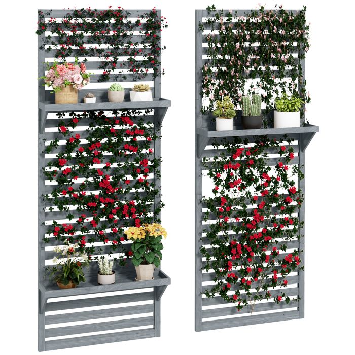 Wall Mounted Plant Stands Set of 2, Fir Wood Flower Stand with Shelves and Slatted Trellis for Patio, Balcony, Porch