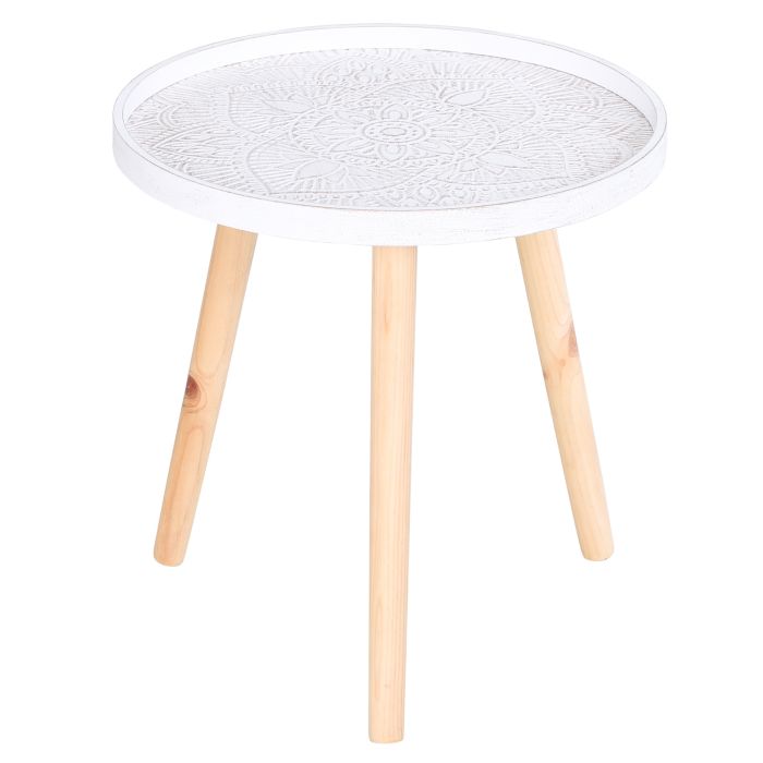 Flower Eteched Side Table w/Saucer Top Wood Legs Living Room Bedroom Furniture Coffee End Table Display Decoration Elegant - White