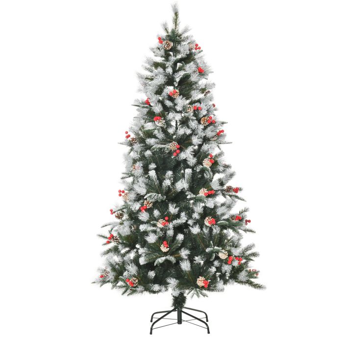 Debbie 6FT Artificial Snow Dipped Christmas Tree Xmas Pencil Tree Holiday Home Decoration with Foldable Feet Red Berries White Pinecones - Green