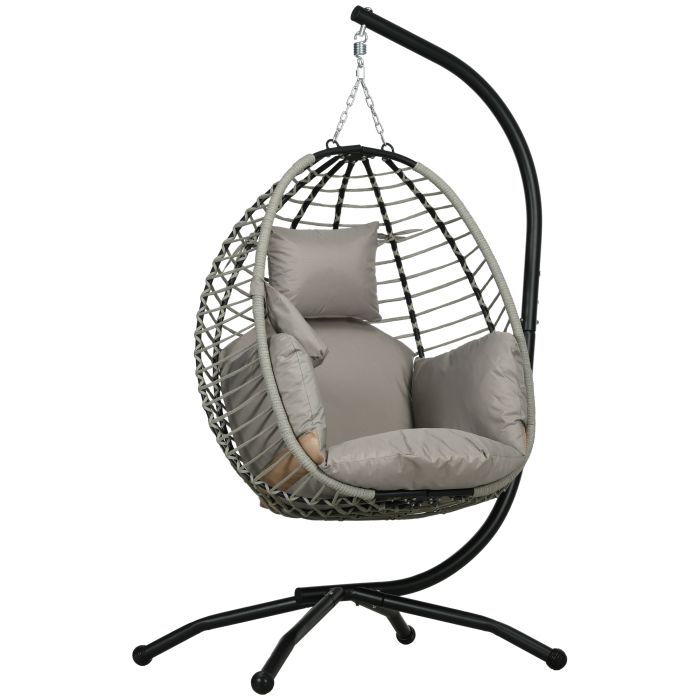 Outdoor Swing Chair with Thick Padded Cushion, Patio Hanging Chair with Metal Stand, Foldable Basket, Cup Holder, Rope Structure, for Indoor & Outdoor, Grey