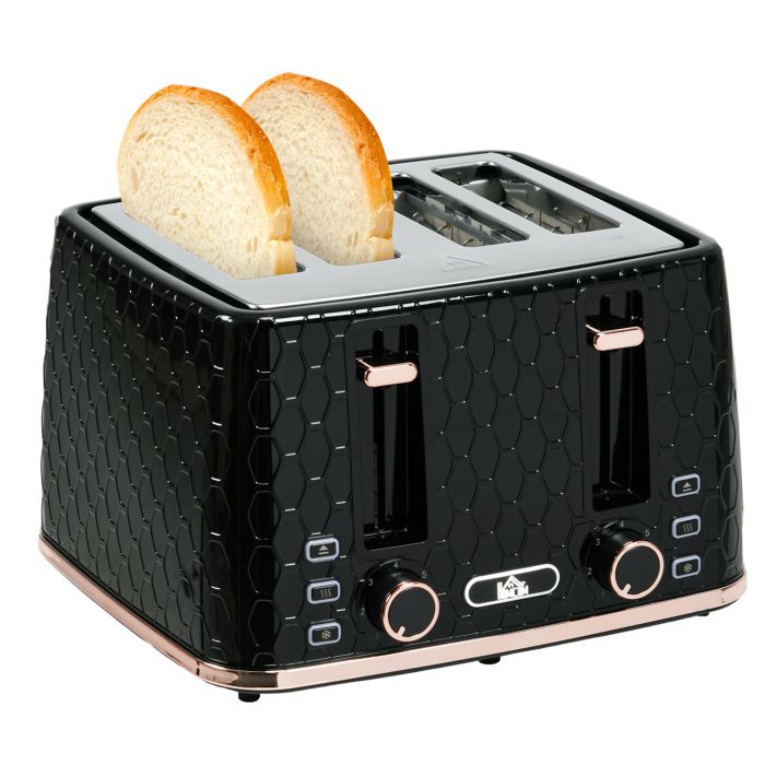 HERON 4 Slice Toaster with 7 Browning Levels, High Lift, Reheat/Defrost/Cancel, Removable Crumb Tray, Black Honeycomb Texture