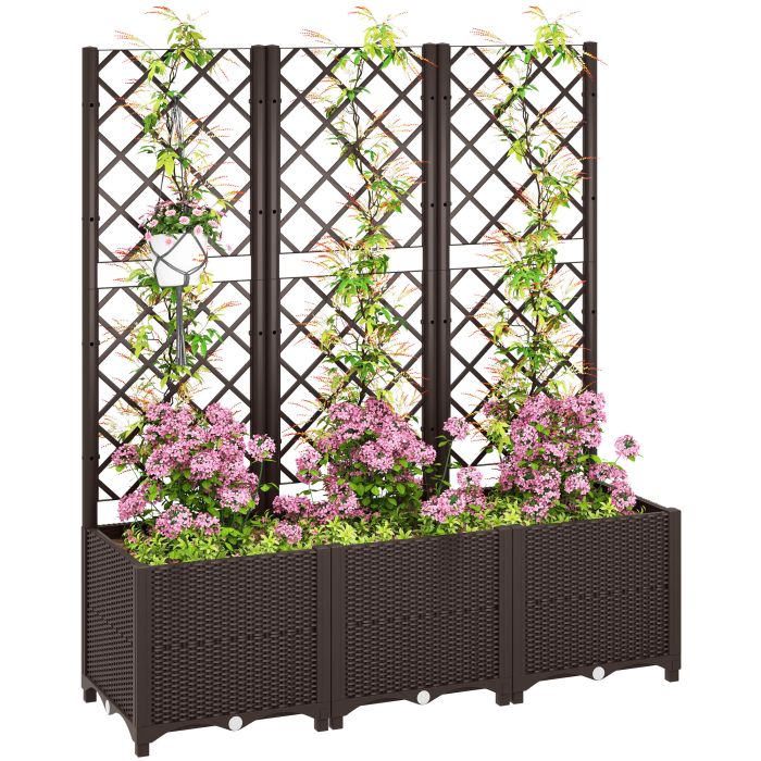 SUNVISTA Raised Garden Bed with Trellis, Plastic Planter Box with Drainage Holes and Drain Plugs for Climbing Plants, Vegetables, Flowers, Brown - Wide