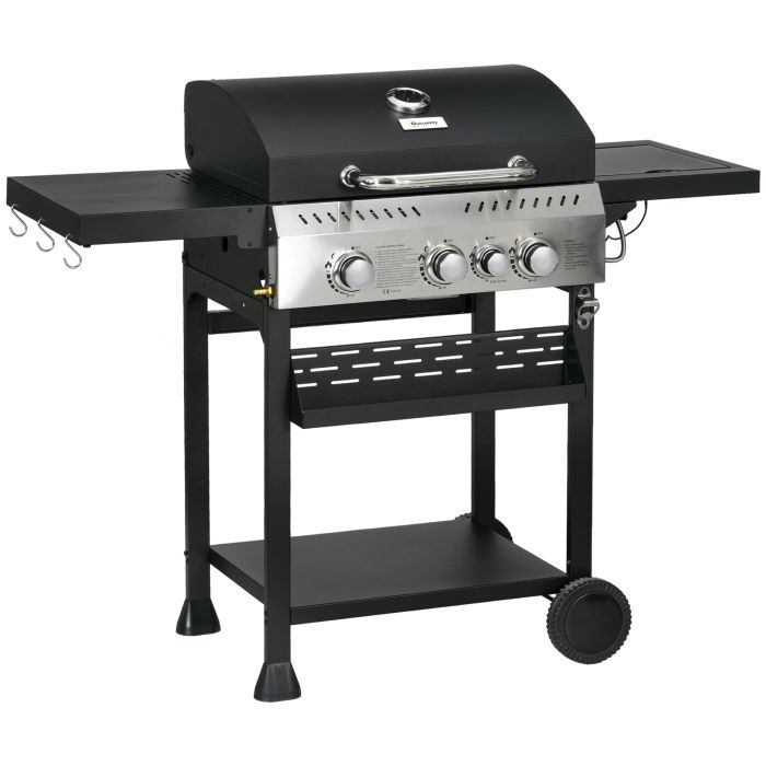 Galvanised Steel 3+1 Gas Burner BBQ Grill Trolley, Black
