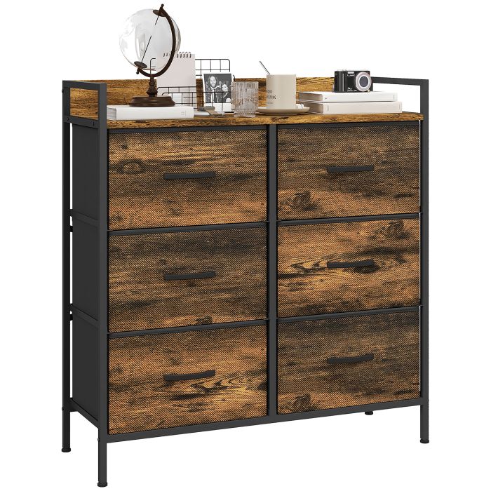 WENZA Oak Finish Chest of Drawers - Medium-sized, 6 Drawers, Double, Fabric