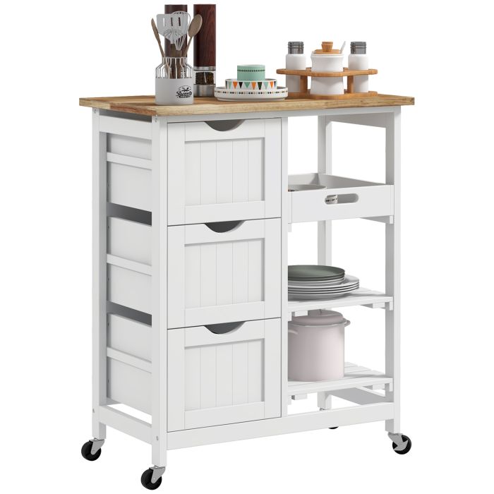 Scott Rolling Kitchen Island Cart Compact Trolley with Wood Top - White