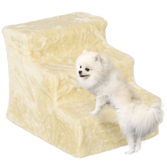 Pet Stroller - 3-Step Pet Stairs with Plush Cover Beige 46cm