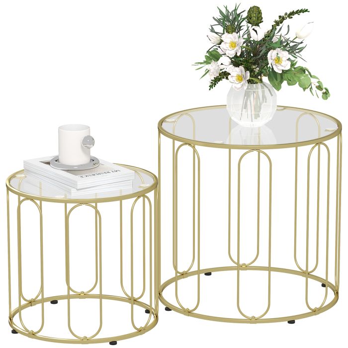 HERON Round Coffee Table Set of 2, Glass Nest of Tables with Metal Frame and Tempered Glass Tabletop, Modern Side Tables for Living Room, Gold Tone