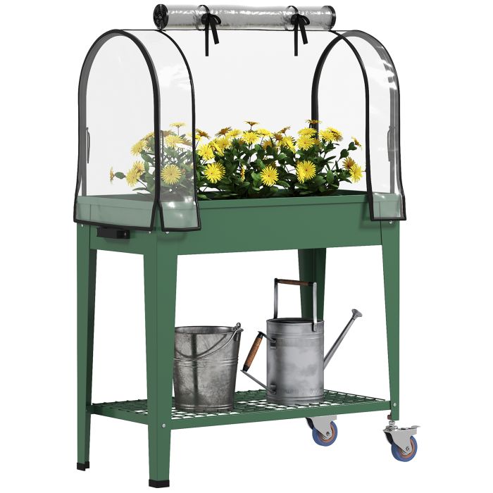 SUNVISTA Raised Planter with Greenhouse Cover, Mobile Elevated Garden Bed with Wheels and Bottom Shelf for Vegetables, Green