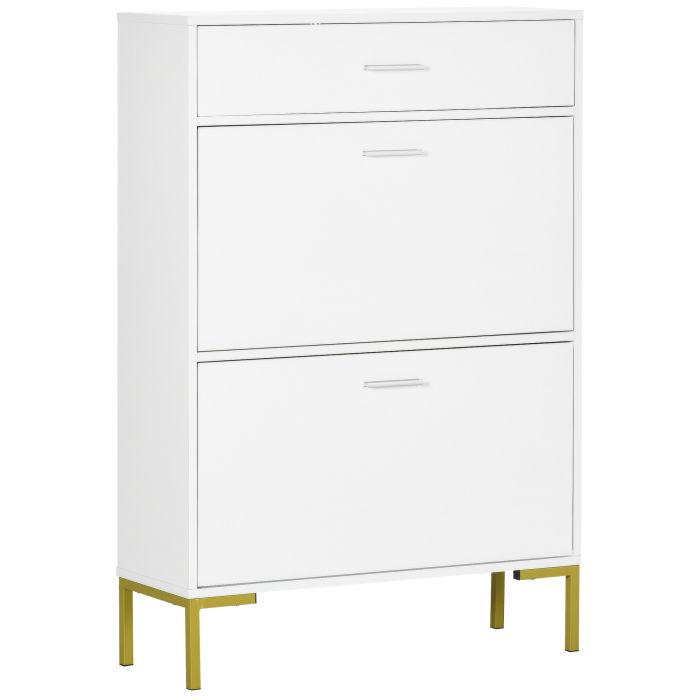 Modern Shoe Cabinet with 2 Flip Doors, Drawer and Adjustable Shelf, Hallway Shoe Cupboard Storage Organizer for 12 Pairs of Shoes, White