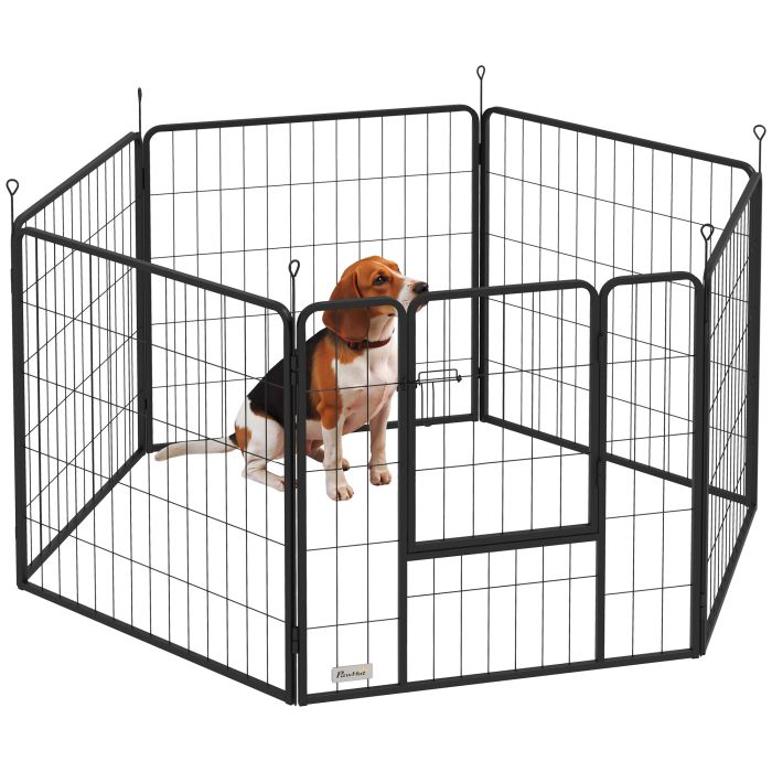 PAWSTER 6 Panels Dog Playpen, Portable Detachable Puppy Pen with Door, for Medium Dogs, 80cm High, Black
