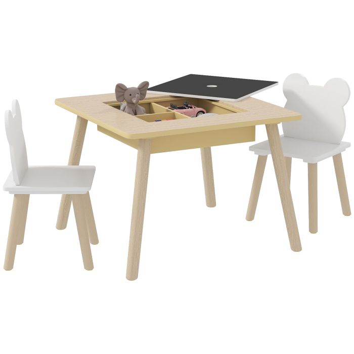 AIVAGO 3-Piece Kids Table and Chairs Set with Convertible Desk and Storage Grid, Kids Activity Table for Nursery, Playroom