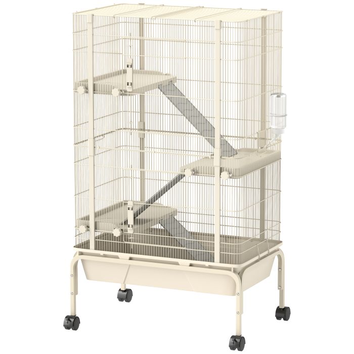 PAWSTER 4 Levels Rolling Small Animal Cage, Rabbit Cage with 3 Ramps, Water Bottle, Food Dish, 15cm Deep Tray, Beige