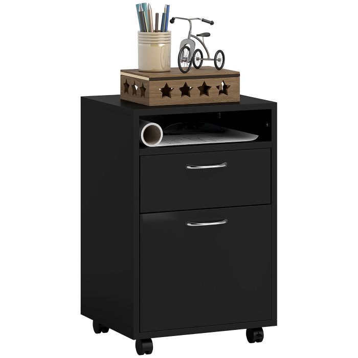 60cm Storage Cabinet w/ Drawer Open Shelf Metal Handles 4 Wheels Office Home Organiser Mobile Printer Black
