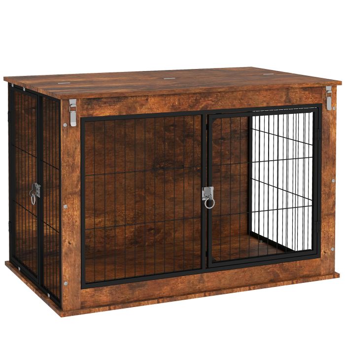 PAWSTER Dog Crate Furniture with Flip-up Top, 2 Doors, for Large Dogs, 98 x 60 x 65.5cm, Rustic Brown
