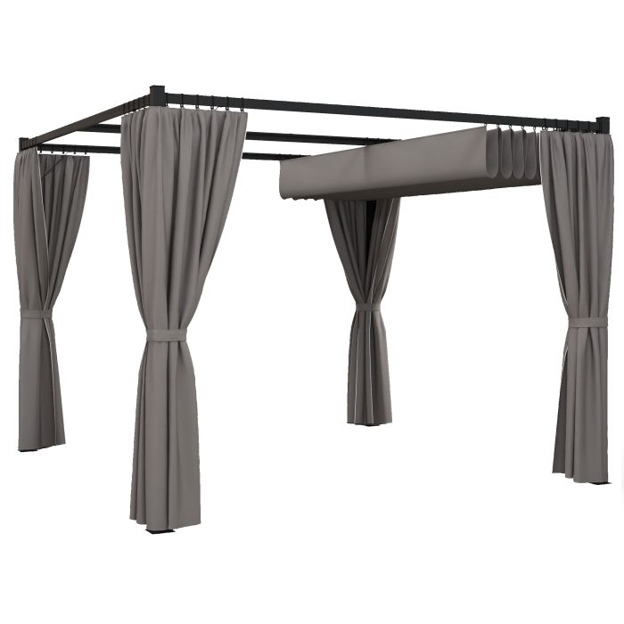 3 x 3(m) Retractable Pergola, Garden Gazebo Shelter with Curtains, for Grill, Patio, Deck, Light Grey