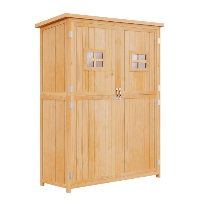 Wooden Garden Storage Shed Tool Cabinet Organiser with Shelves, Two Windows, 127.5 x 50 x 164 cm, Natural
