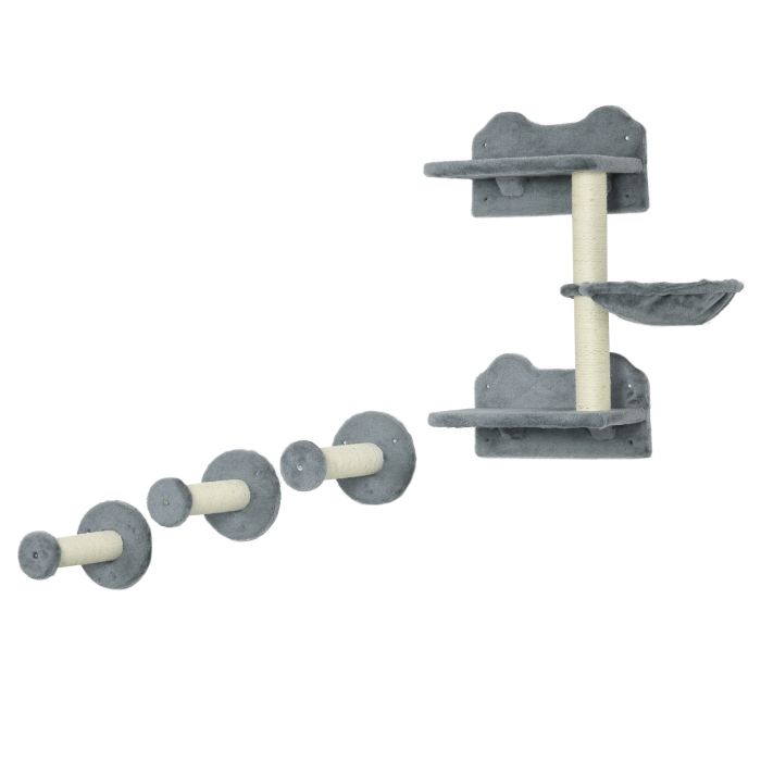 Wall Mounted Cat Tree with Scratching Post Shelves - Grey