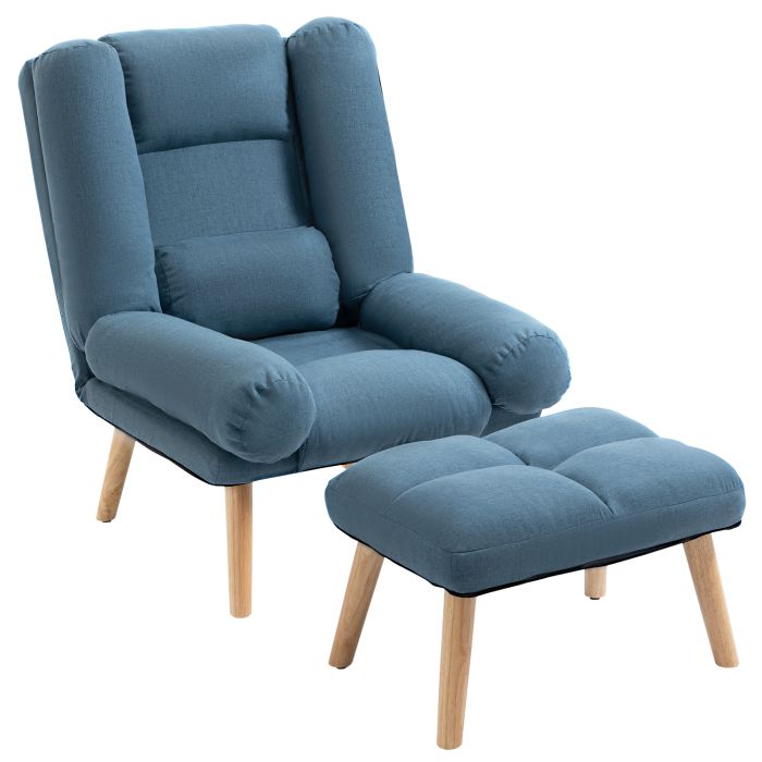 Occasional Recliner with Ottoman, 3-Position Adjustable Linen Fabric Reclining Lounger, Lazy Cushioned Sofa Chair with Footstool, Blue