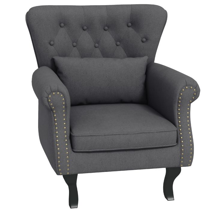 Chesterfield-style Accent Chair, Tufted Wingback Armchair with Pillow, Naihead Trim for Living Room, Bedroom, Dark Grey