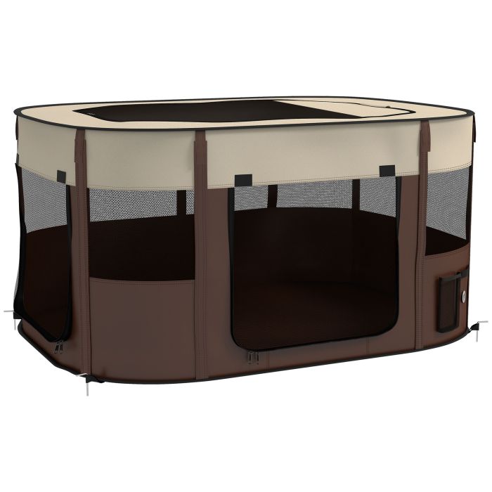 Shelley Oxford Fabric Foldable Dog Pen with Storage Bag 59H x 114L x 89Wcm - Brown
