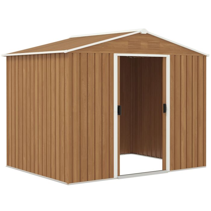 SUNVISTA 8 x 6ft Outdoor Garden Storage Shed, Metal Tool House with Ventilation and Sliding Doors Chocolate Wood Effect