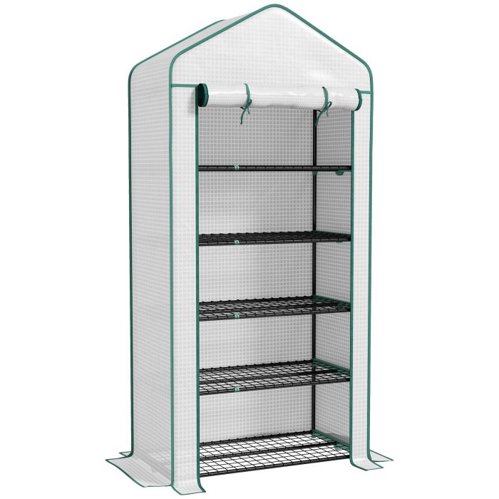 5 Tier Widened Mini Greenhouse w/ Reinforced PE Cover, Portable Green House w/ Roll-up Door & Wire Shelves, 193H x 90W x 49Dcm, White