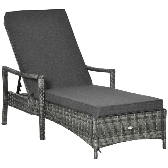 Patio Rattan Sun Lounger, Dual Wicker Weave Single Reclining Chair Furniture, Adjustable Backrest w/ Removable&Washable Cushion Mixed Grey