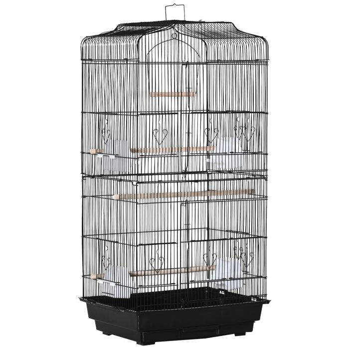 PAWSTER Large Metal Bird Cage with Stand Perches Food Bowls Swing - Black