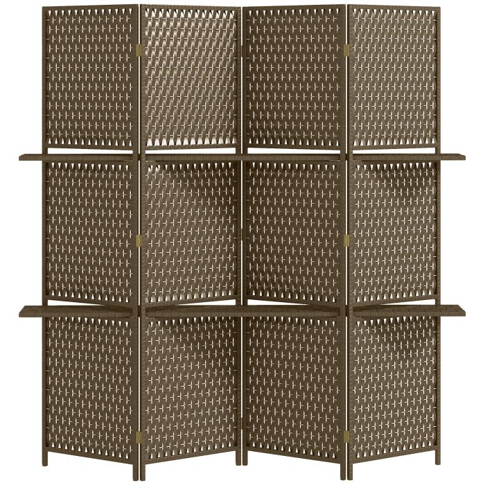 4-Panel Room Dividers with Shelves, Wave Fibre Freestanding Folding Privacy Screen Panels, Partition Wall Divider for Indoor Bedroom Brown