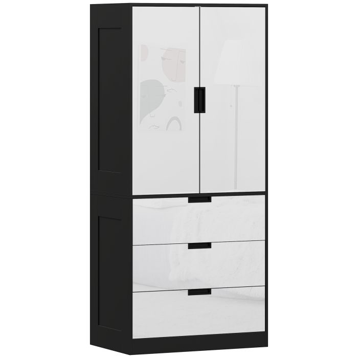 SERENA 2 Door Wardrobe with 3 Drawers Black with Gloss White - 80cm