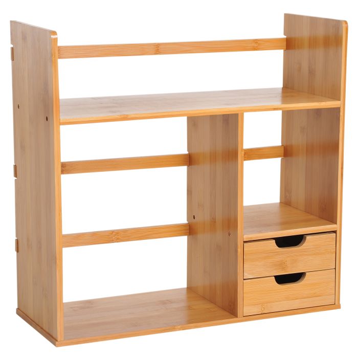 Desk Organiser Compartments Desktop Bookshelf Stationery Storage Shelf Document File Holder with 2 Drawers 2-way Reversed Use Bamboo