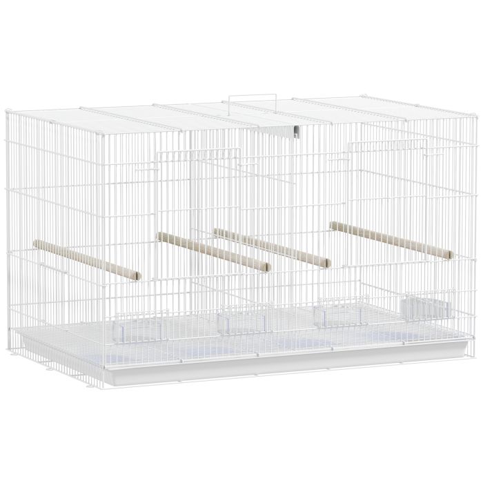 PAWSTER Bird Cage with Divider 4 Wood Perches Slide Out Tray 4 Feeders 76 x 46 x 46cm - White