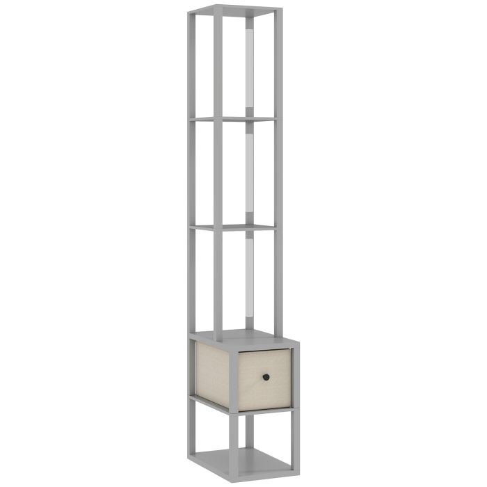 HERON Floor Lamp with Shelves LED Column Standing Lamp Fabric Drawer - Grey