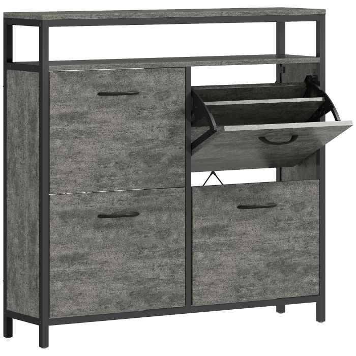 FOOSTRA 4 Drawer Shoe Storage Cabinet Flip Doors Open Shelf - Cement Grey